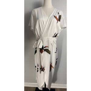 Fehaute Elegant Tropical Leaf Satin Wrap Dress White Floral Midi Sheath Chic 14